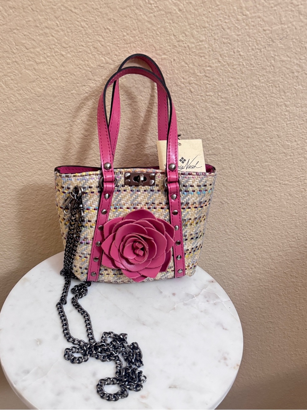Women Patricia Nash Mini Benvenuto 3D leather Whimsical Rose Woven Crossbody Bag